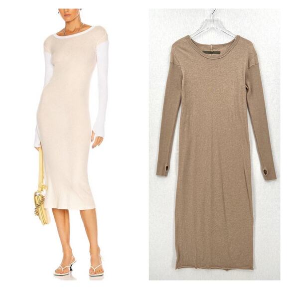 ENZA COSTA Cashmere Long Sleeve Crew Dress Womens Medium Khaki Tan Heather Maxi